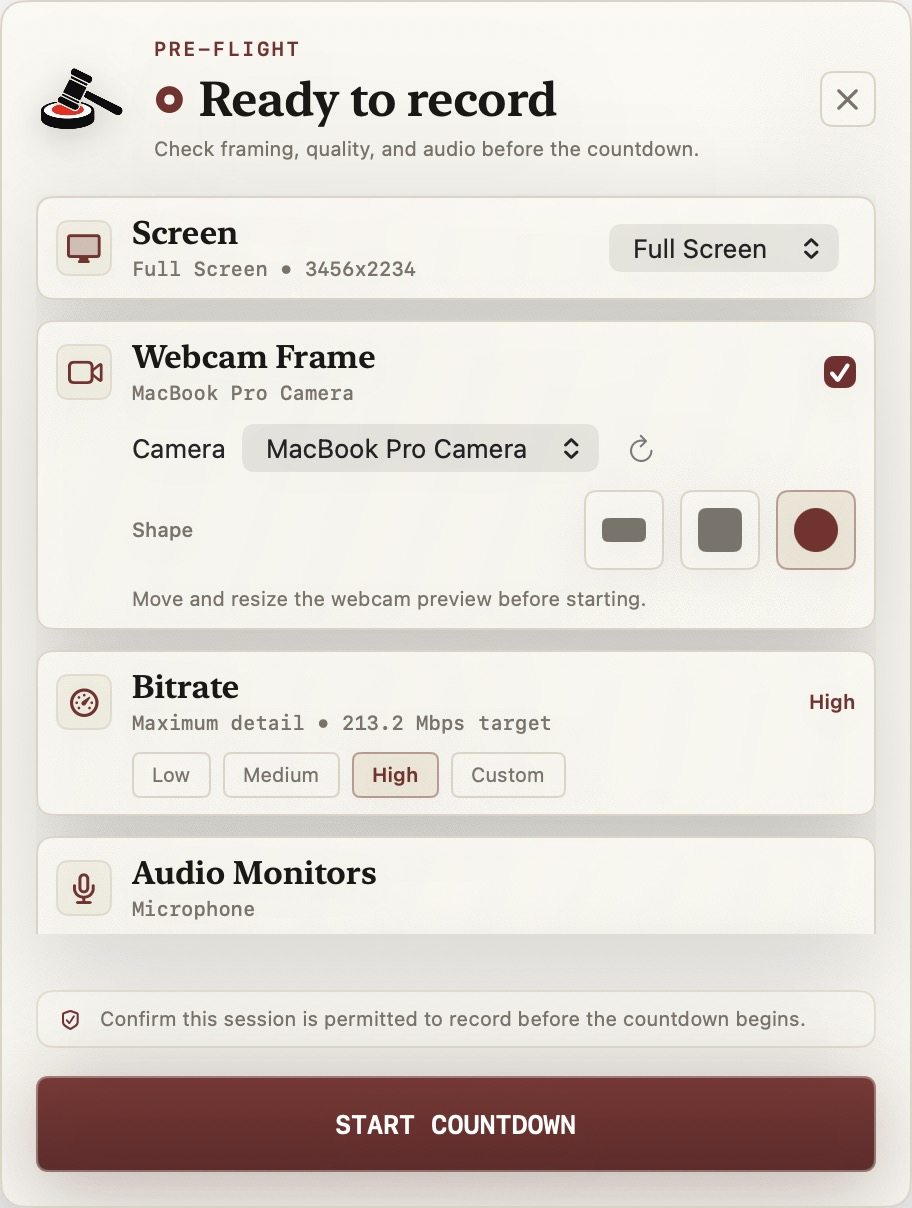 Case Ledger pre-flight panel showing Screen, Webcam Frame, Bitrate, and Audio Monitor settings, with a Confirm session permission notice and a Start Countdown button