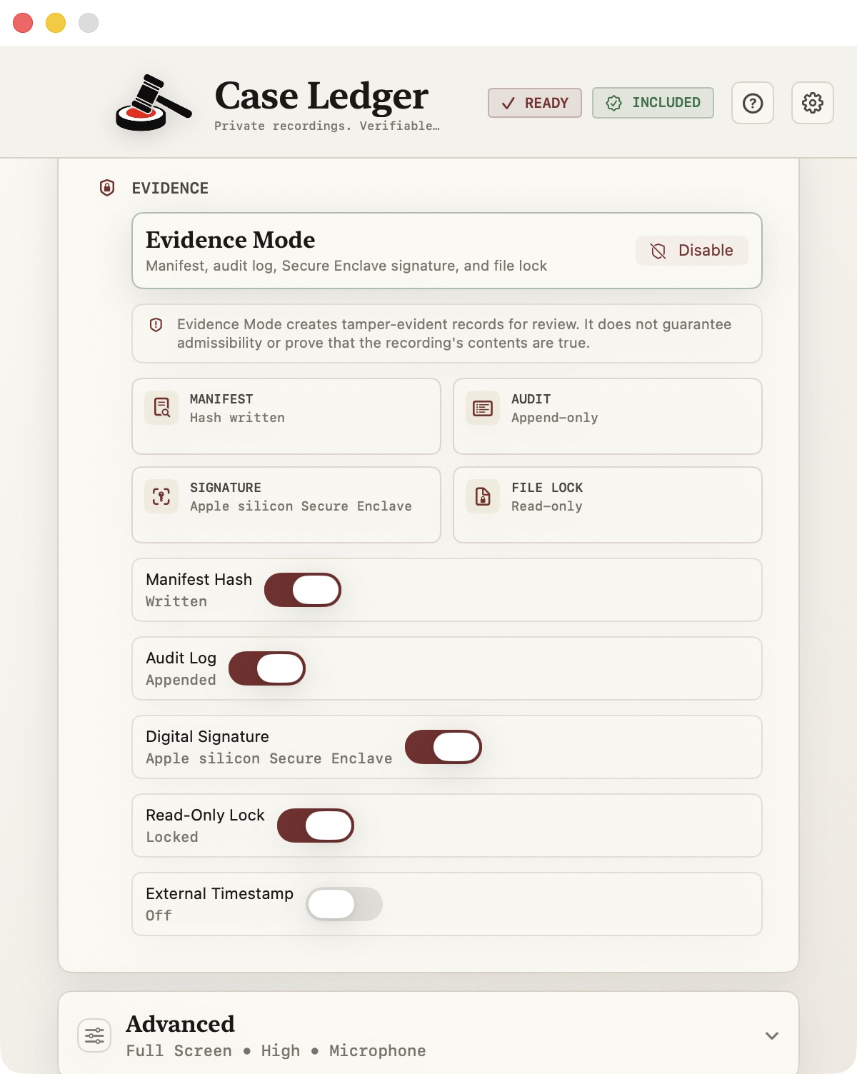 Case Ledger Evidence Mode dashboard showing four safeguards active: Manifest hash written, Audit log append-only, Signature via Apple silicon Secure Enclave, and File Lock read-only, with toggles for each and an External Timestamp option