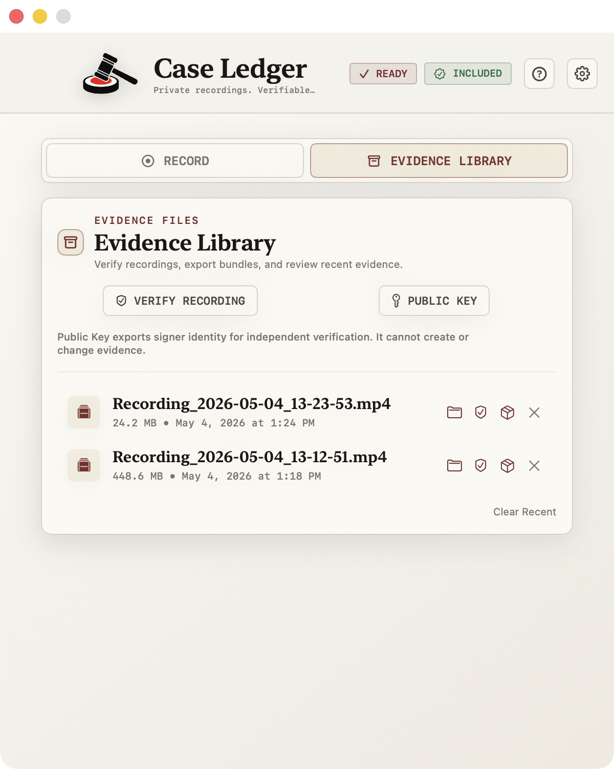 Case Ledger Evidence Library showing a list of recorded mp4 files with timestamps and file sizes, with action icons for opening, verifying, bundling, and deleting each recording. A Verify Recording button and Public Key export are available at the top.